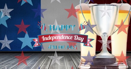 Composition of happy independence day text over american flag and silver cup