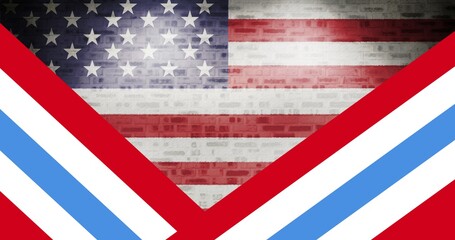 Naklejka premium Composition of stripes over american flag on brick wall surface