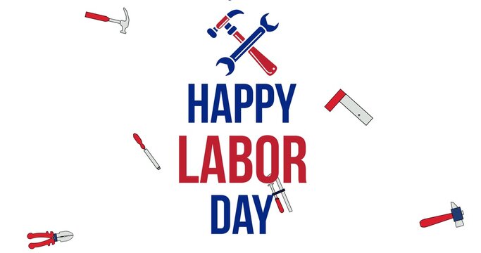 Composition of happy labour day text with tools on white background