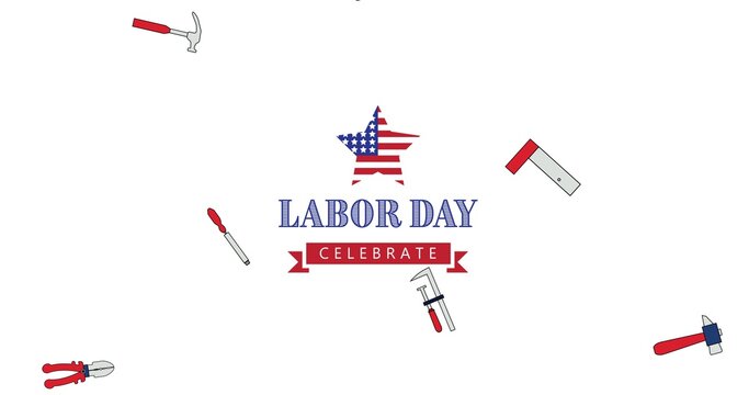 Composition of labour day celebrate text with tools and stars with american flag on white background