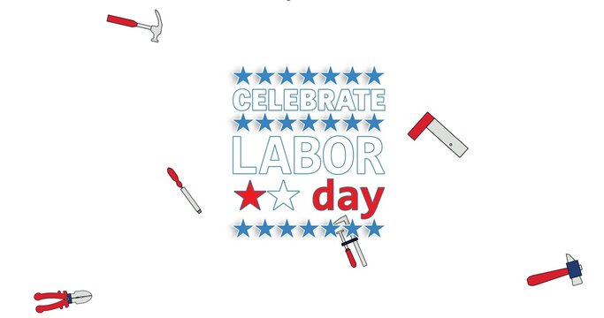 Composition of labour day celebrate text with tools and stars on white background