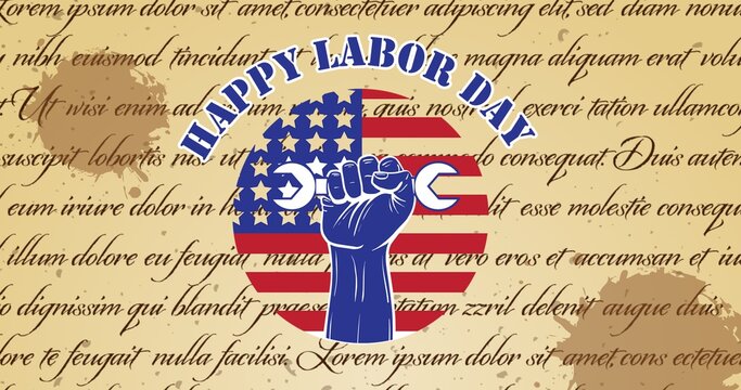 Composition of happy labor day text over american flag and constitution text