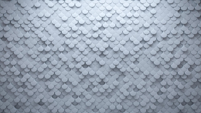 Futuristic, White Wall background with tiles. Fish Scale, tile Wallpaper with Polished, 3D blocks. 3D Render