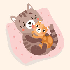 
Cat and kitten. Hug and kiss 
