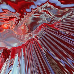Background of glitch manipulations with 3D effect. Abstract flow of crystals with glass texture in red shades. It can be used for web design and visualization of music