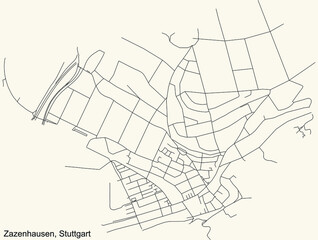 Black simple detailed street roads map on vintage beige background of the quarter Zazenhausen of district Zuffenhausen of Stuttgart, Germany