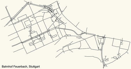 Black simple detailed street roads map on vintage beige background of the quarter Bahnhof Feuerbach of district Feuerbach of Stuttgart, Germany