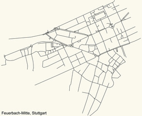 Black simple detailed street roads map on vintage beige background of the quarter Feuerbach-Mitte of district Feuerbach of Stuttgart, Germany
