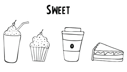 Set of sweets. Doodle image of coffee, slice of cake, milkshake and cupcake.