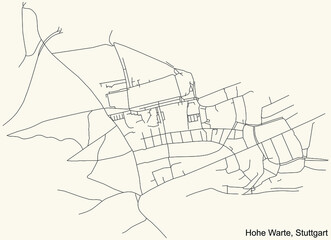 Black simple detailed street roads map on vintage beige background of the quarter Hohe Warte of district Feuerbach of Stuttgart, Germany