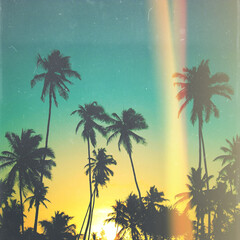 Vintage light leak palm tree landscape with sunset skies