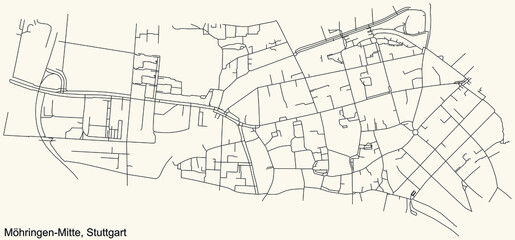 Black simple detailed street roads map on vintage beige background of the quarter Möhringen-Mitte of district Möhringen of Stuttgart, Germany