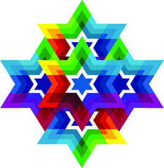 Traditional  Jewish star Magendavid - Star of David. Vector illustration. Colorfur patterned geometric background.