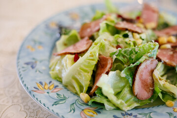 Smoked duck breast fresh vegetable salad.