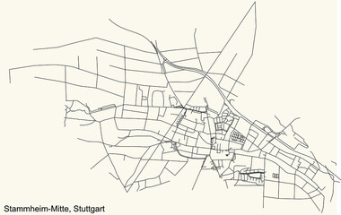 Fototapeta na wymiar Black simple detailed street roads map on vintage beige background of the quarter Stammheim-Mitte of district Stammheim of Stuttgart, Germany