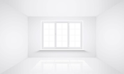 Realistic empty white room with window, sunlight and reflection. Blank concrete room, wall and floor. Interior without furnish and furniture. Abstract 3d interior. Vector illustration