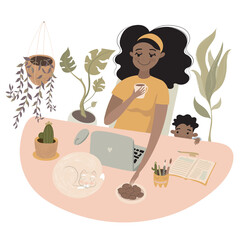 cozy work from home with a child vector illustration