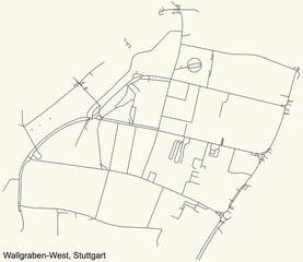 Black simple detailed street roads map on vintage beige background of the quarter Wallgraben-West of district Vaihingen of Stuttgart, Germany