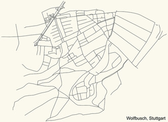 Black simple detailed street roads map on vintage beige background of the quarter Wolfbusch of district Weilimdorf of Stuttgart, Germany