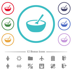 Bowl of soup with spoon flat color icons in circle shape outlines