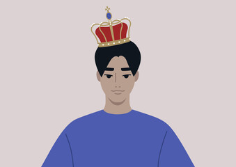 A young male Asian character wearing a vintage golden crown with pearls and velvet, a royal family theme