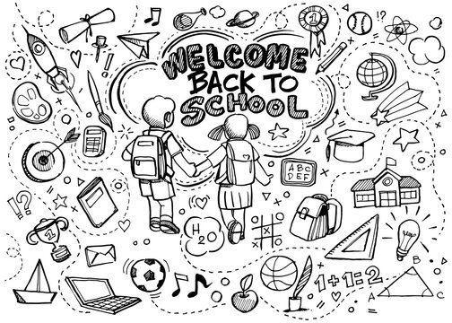Vector illustration of Doodle Back to school, Hand drawn set of cute doodles for decoration on white background,Funny Doodle Hand Drawn,Page for coloring.
