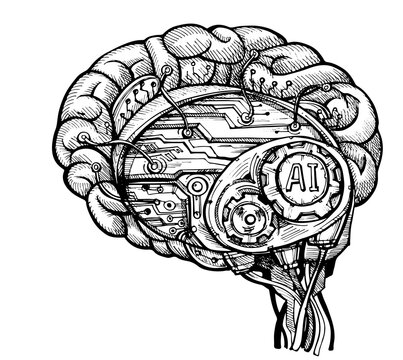  Ai Cybernetic Brain as engineering and Human brain processing machine sketch concept,Artificial Intelligence Designed vector 
