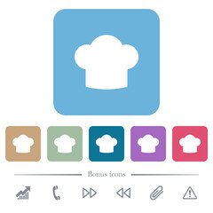 Chef hat flat icons on color rounded square backgrounds