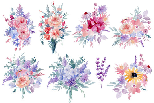 Watercolor floral set. Abstract flowers, illustration isolated on white background.