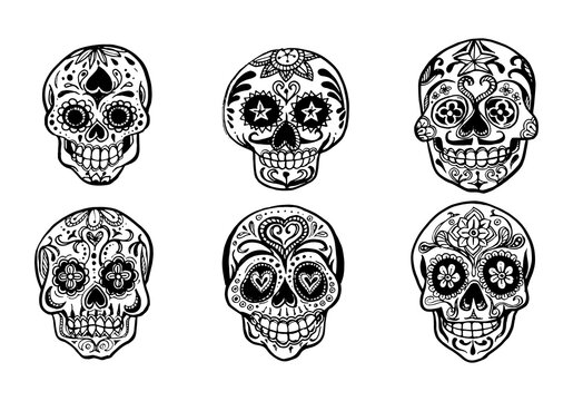 Set of sugar skulls illustrations. Dead day. Dia de los muertos.Hand drawn vector illustration.