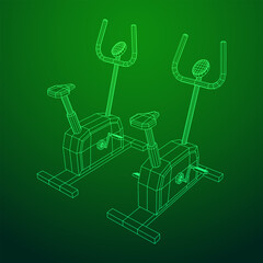 Excercise Bike. Gym equipment. Sport cardio fitness concept. Wireframe low poly mesh vector illustration.