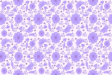 A repeating pattern of flowers, buds and leaves in light tones of purple on a white background for textiles and paper