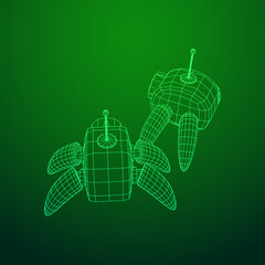 Spider robot with radar antenna. Nanobot, nanotechnology medical concept. Wireframe low poly mesh vector illustration