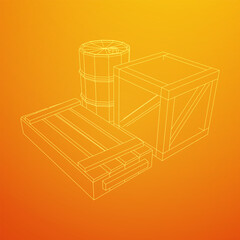 Supplies cargo concept. Pile boxes and barrels. Wireframe low poly mesh vector illustration.