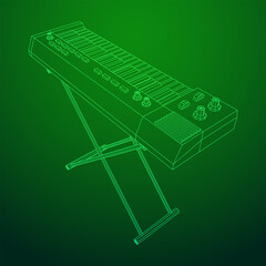 Piano roll analog synthesizer faders buttons knobs. Wireframe low poly mesh vector illustration.