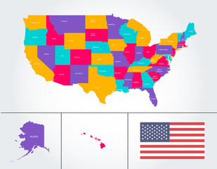 Obraz premium Vector isolated illustration of simplified administrative map of USA (United States of America). Borders and names of the states. Multi colored silhouettes