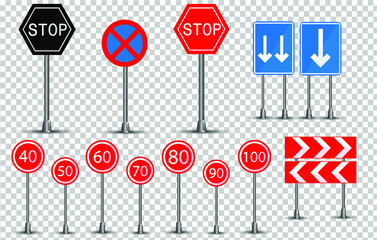Road signs set. Vector illustration symbols of traffic signs on a transparent background. Traffic signs icons set.