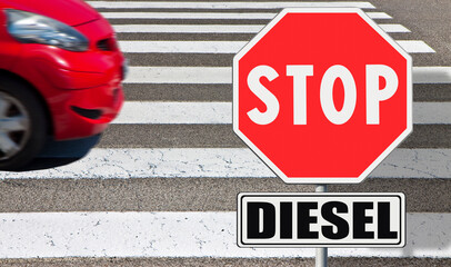STOP warning sign against vehicles with diesel engines - The car's shape has been modified and is...
