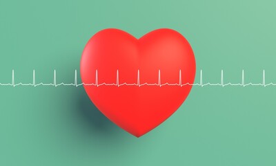 ECG in front of red toy heart on light green background
