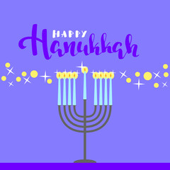 Happy Hanukkah quote, flat design, background with candlestick and lighted candles