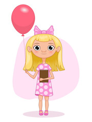 Vector illustration of a girl with a balloon and a book in a cartoon style.