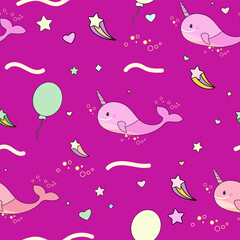 Kids pattern with unicorn whale and balloons on bright pink background. © kornetka