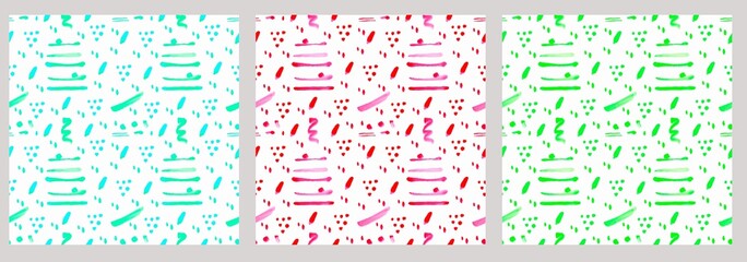 Set of Geometric monochrom pattern of intersecting lines. Abstract background for design. Watercolor hand drawing illustration, red and green color.