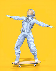 Fototapeta na wymiar Astronaut balancing on a skateboard, yellow background. 3D illustration