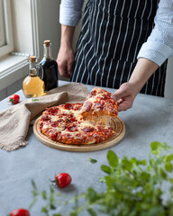 Pizza slice with melted cheese basil Italian traditional cuisine