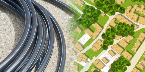 Black polyethylene pipes on a urban road of a construction site with new hydraulic system
