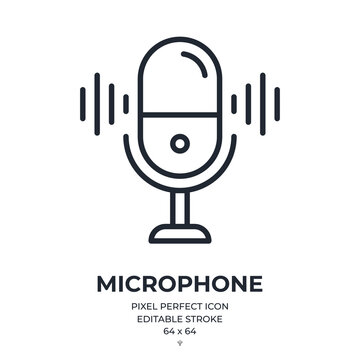 Microphone Editable Stroke Outline Icon Isolated On White Background Flat Vector Illustration. Pixel Perfect. 64 X 64.