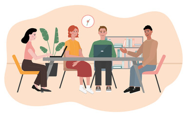 Business team working in office. People talking about a new project. Employees are sitting at the table. Teamwork. Flat style characters vector illustration.