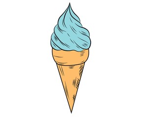Realistic ice cream with a waffle tube on a white background with frosting. Vector illustration.