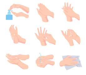 Steps of proper hand hygiene vector illustrations set. Cartoon person washing hands with soap, cleansing, drying with towel isolated on white background. Health, hygiene, infection, virus concept